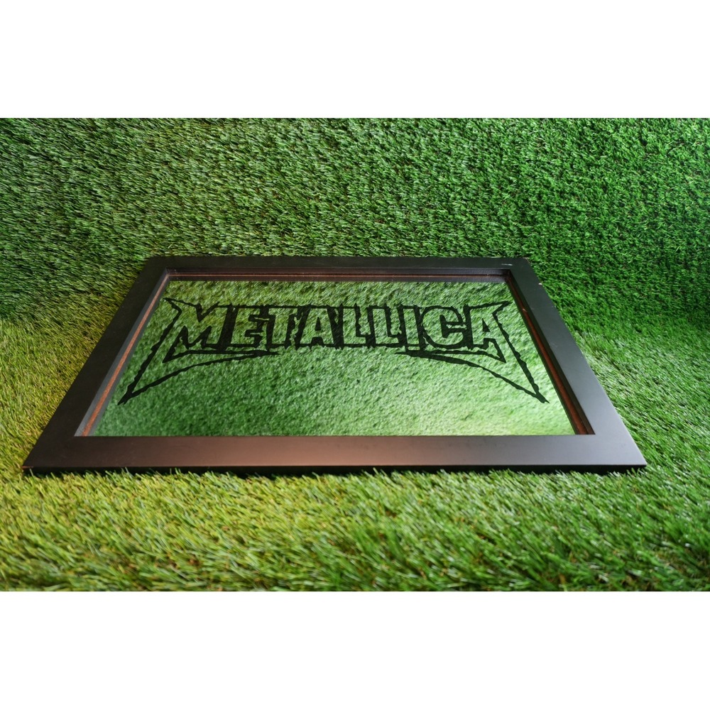 Metallica Logo Framed Wall Mirror Black Wood Frame Heavy Metal Band Decor